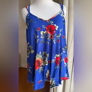Papermoon Blue, Red and Cream Floral top with cross cross details in medium EUC